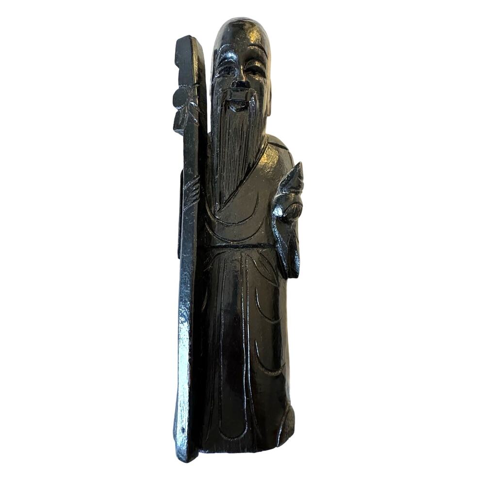 Vintage 12" Wooden Star God Shou Xing Jurojin with Staff and Peach of Longevity